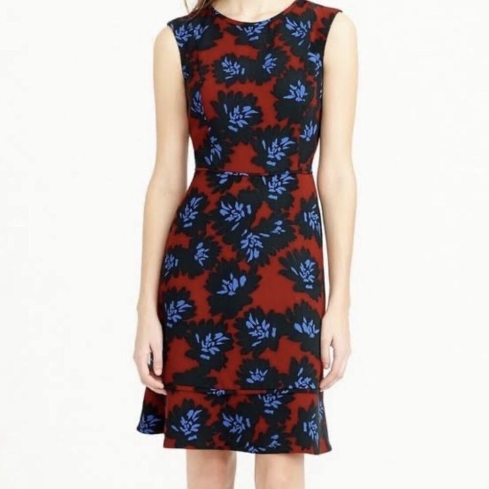 J Crew Red Blue Crepe Floral Knee Length Dress Size 2 - Picture 1 of 7